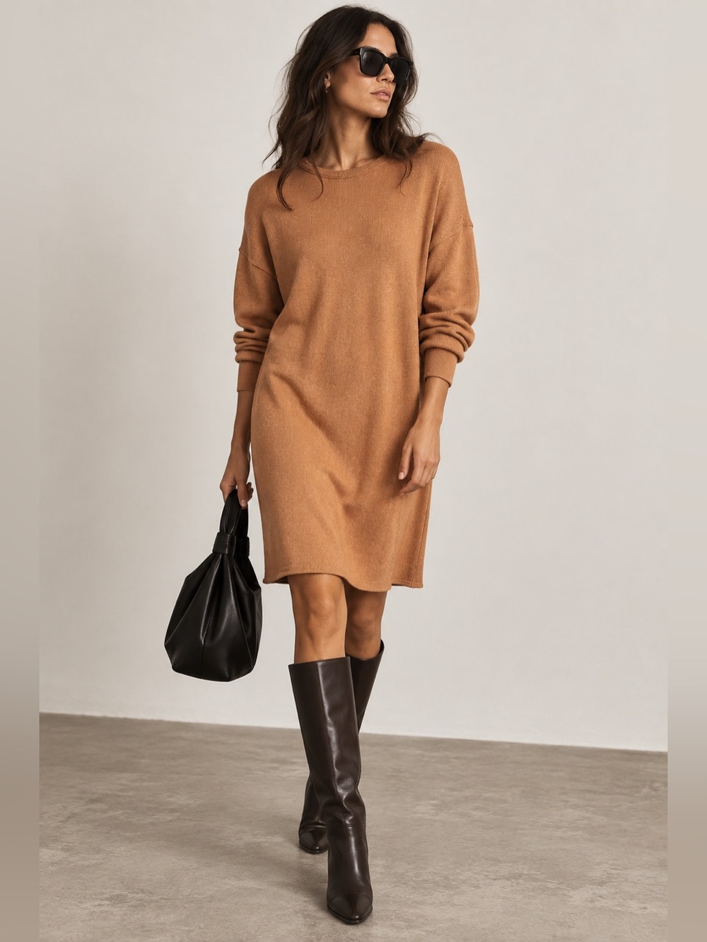 Mod Ref Relaxed Fit Soft Knit Scoop Neck Drop Shoulder Long Sleeve Dress